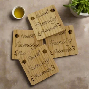 Square Wood Coasters - Faith, Family and Friends