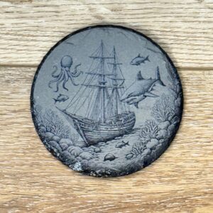 Ship with Sharks & Octopus out in Sea Slate Round Coaster